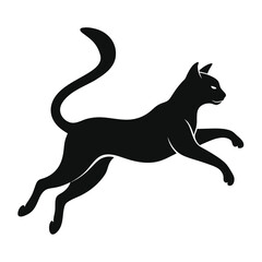 Silhouette Of Graceful Black Cat Leaping with Arched Back and Curled Tail on White