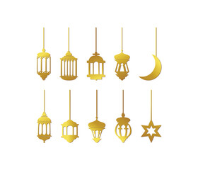 Ramadan Lantern Luxury Gold Lamp Transparent Background For Islamic Festival Or Isra Miraj Un Nabi. Gold vintage luminous lanterns. Arabic shining lamps. Isolated hanging realistic lamps.