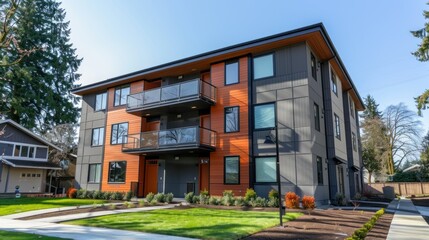 Fototapeta premium Exterior view of a compact apartment building in a residential area.