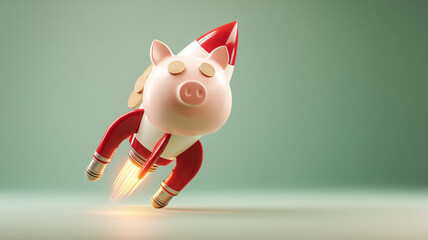 Piggy bank rockets off for wealth accumulation and financial success. Saving money is a smart investment strategy.