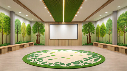 Fototapeta premium Bright and Modern Meeting Room with Green Nature Theme and Large Projection Screen
