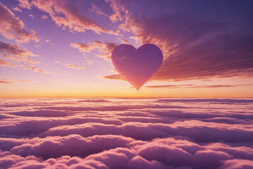 Heart symbol in pink clouds on panoramic sky. Background love theme