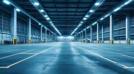  Wide empty industrial warehouse interior with high ceiling and bright overhead lighting in a clean storage facility