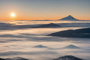 Sunrise in the morning mist on top of a mountain range. Tropical forest