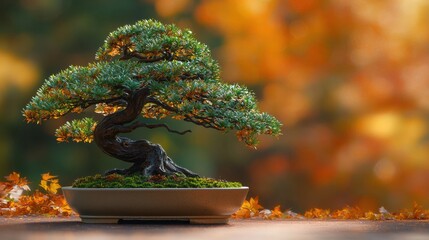 Obraz premium Bonsai tree thriving in a shallow pot vibrant green leaves autumn hues