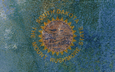 South Dakota State Flag. Dirty South Dakota state flag on rusty metal surface.