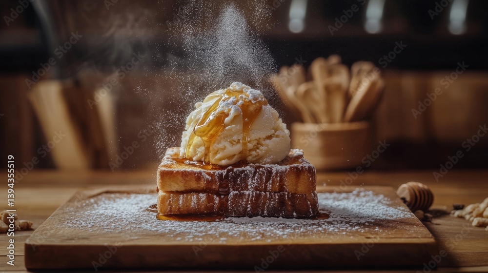 Poster a close-up of a beautifully presented honey toast topped with a scoop of vanilla ice cream, drizzled