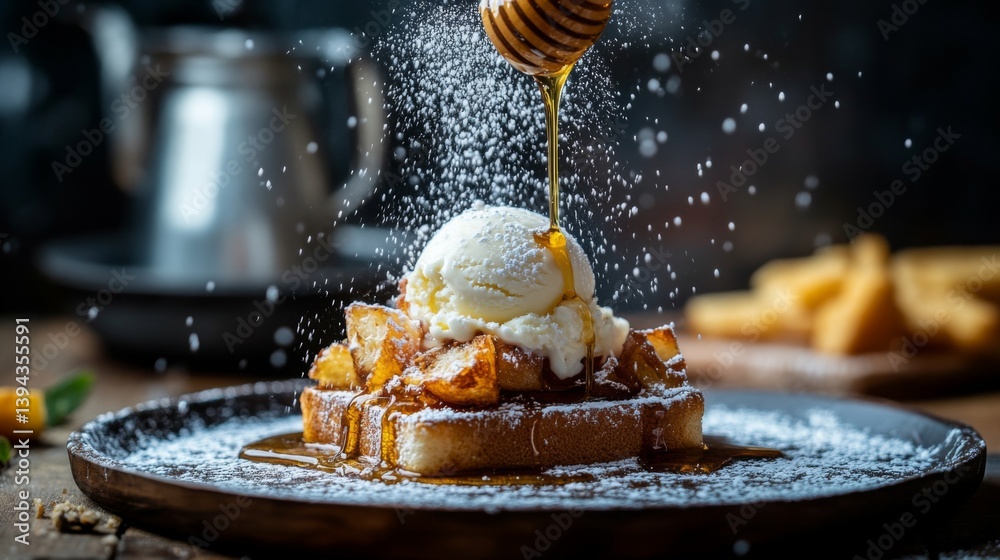 Aufkleber a close-up of a beautifully presented honey toast topped with a scoop of vanilla ice cream, drizzled