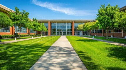 High school building with a wide front lawn and student-friendly environment.