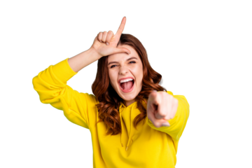 Photo of curly white wavy trendy cheerful charming sweet pretty cute schoolgirl teasing you showing you loser sign shouting isolated over teal vivid color background