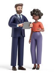 3D man holds a tablet, 3D woman checks the tablet. Symbolizes modern communication and collaboration. 3D rendering, conceptual image. Isolated on white background.