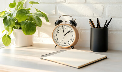 Workspace with alarm clock notebook pens and plant on a desk. generative ai