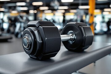 Fototapeta premium Black dumbbell resting on a gym bench in a fitness center with blurred background.