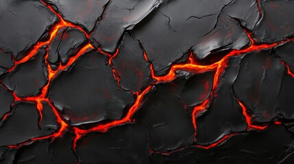 Glowing Red Lava Cracks in Black Volcanic Rock