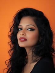Naklejka premium Vibrant Beauty: A striking portrait showcasing a woman with striking makeup, her dark hair cascading against a vivid orange backdrop.