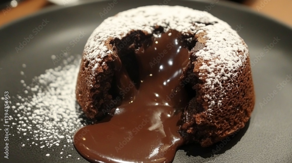 Aufkleber a close-up of a chocolate lava cake with molten chocolate oozing from the center, served on a dark p