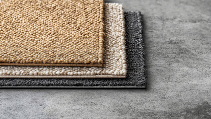 Fototapeta premium Three different colored carpets are stacked on textured surface, showcasing variety of textures and shades. carpets include beige, cream, and gray, highlighting their plush and soft appearance