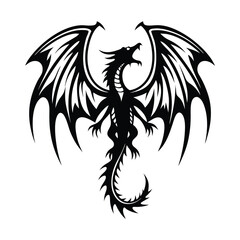 Silhouette Dragon With Spiked Tail, Wings Spread And Mouth Open Isolated On White