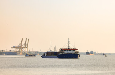 ocean liner, Cargo Ship, Thanker going to port in thai gulf zone near samutprakarn province, Thailand.