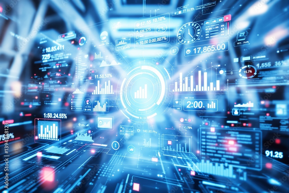Aufkleber futuristic digital dashboard with glowing blue data analytics and financial graphs.