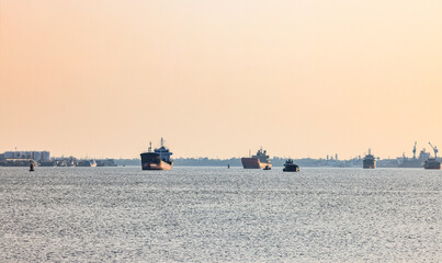Panorama view of ocean liner, Cargo Ship, Thanker going to port in Thai gulf zone near Samutprakarn...