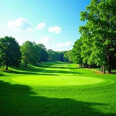 Fototapeta premium Rolling hills of emerald golf course, lined with mature trees, fairway, vibrant, peaceful
