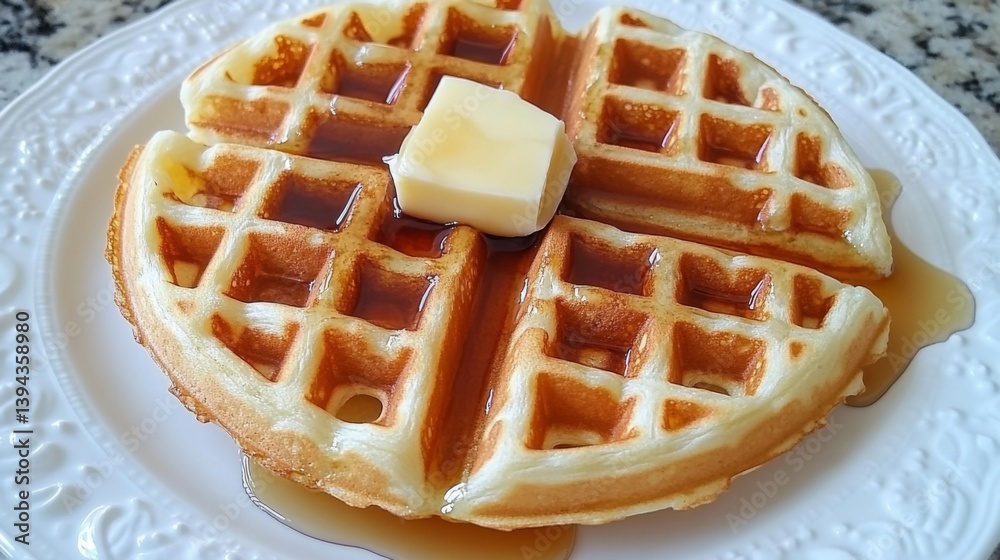 Poster a close-up of a golden-brown waffle on a white plate, drizzled with maple syrup and a pat of melting