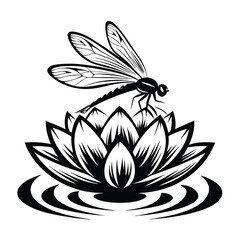 Detailed Monochrome Dragonfly Resting on Lotus Flower with Water Ripples