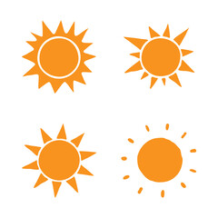 Various stylized orange sun illustrations on a white background.