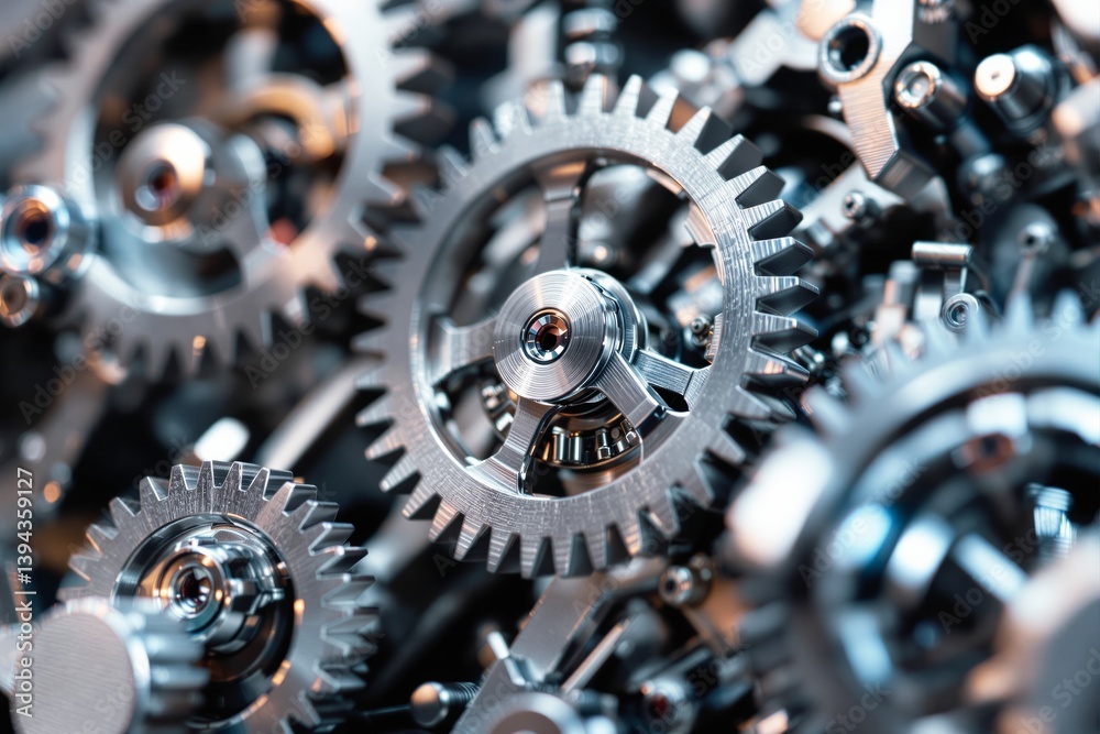 Poster close-up of interlocking metal gears with a reflective surface.