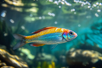 Fototapeta premium Radiant Rainbow Shiner fish shimmering in aquatic sunshine with vivid multihued scales generative AI creation