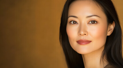 Fototapeta premium Serene beauty and poise: A close-up portrait captures a beautiful person with an alluring gaze, radiating confidence, and exhibiting a profound serenity. She appears in her best state of mind.