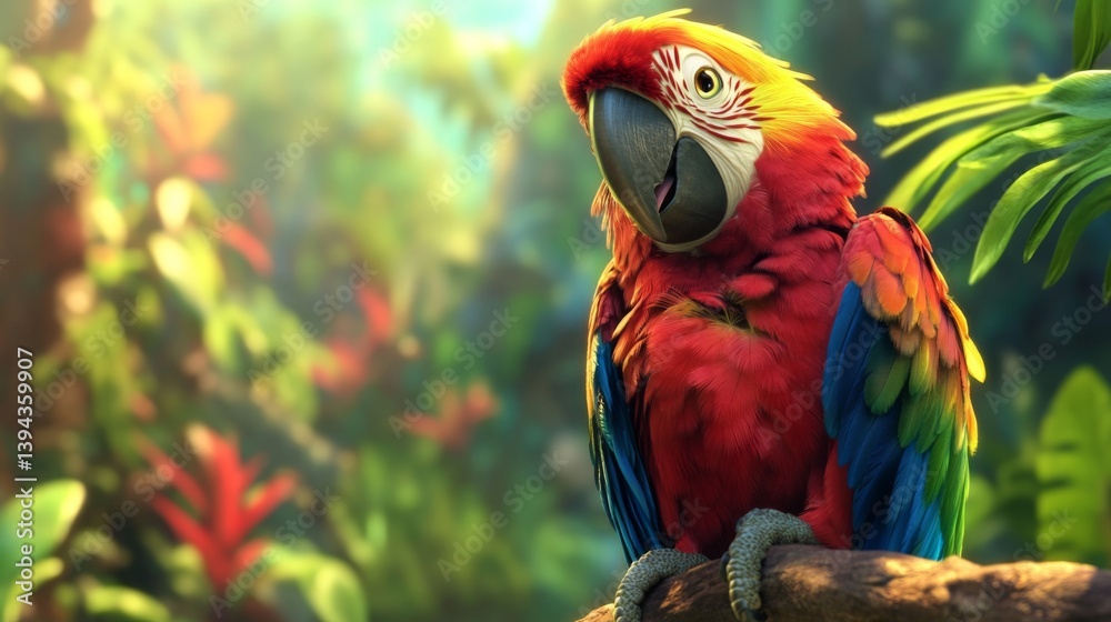 Poster a close-up of a parrot perched on a branch, showcasing its bright feathers and playful expression ag