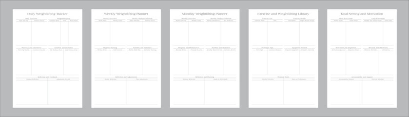 Fitness Planning Sheets for Daily, Weekly, Monthly Workout Routines, Goal Tracking, Progress Monitoring, Exercise Log, Nutrition Plans, and Healthy Lifestyle Easy Printable Templates Set of 5 Pages