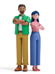 3D man and 3D woman with arms crossed, symbolizing confidence and readiness. 3D rendering, conceptual image, isolated on white background.