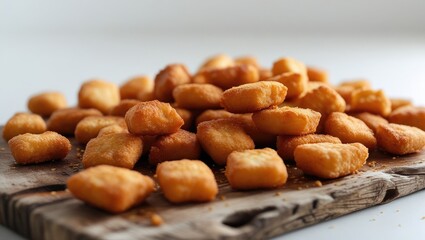 Fototapeta premium Fresh from the fryer Nuggets resting on a rustic wooden cutting board on a white background