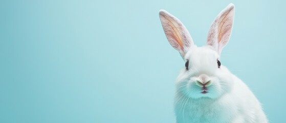 Obraz premium Cheerful white rabbit smiling on skyblue background for spring designs