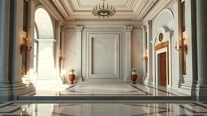 A grand, elegant hall with marble columns, high ceilings, classic decor, and warm natural lighting throughout