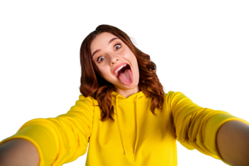 Photo of curly wavy charming nice cute sweet pretty girlfriend in trip showing you tongue out with overjoyed facial expression taking selfie in yellow sweater isolated over teal vivid color background