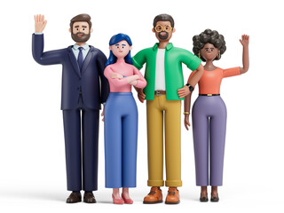 3D man and 3D women with raised hands, symbolizing victory and teamwork. 3D rendering, conceptual image, isolated on white background.