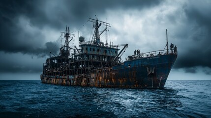 Stormy sea adventure forsaken shipwreck ocean dramatic environment wide angle mysterious journey
