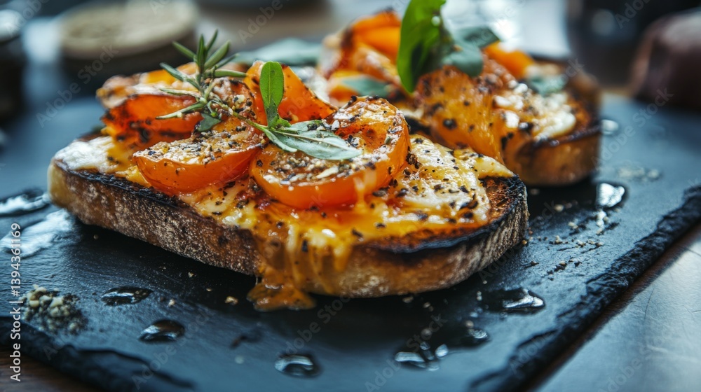 Poster a close-up of a slice of toasted bread topped with melted cheese and herbs, served on a black slate 