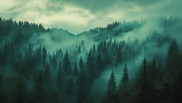 beautiful panoramic view of misty mountains with dense evergreen forests creates serene and mysterious atmosphere. fog gently envelops trees, adding depth and tranquility