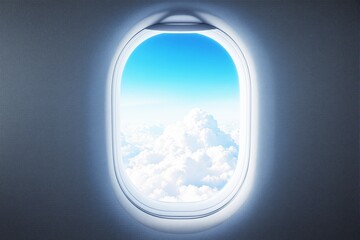 Airplane window view with bright sky and clouds.