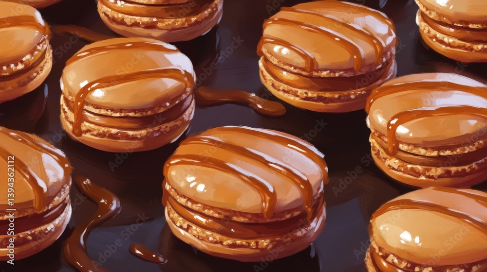 Poster A close-up of caramel-flavored macarons with a glossy caramel drizzle on top, arranged neatly on a dark stone surface with caramel sauce swirled around.