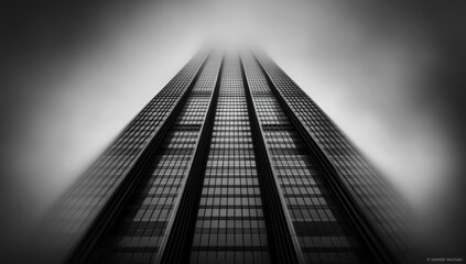 Fototapeta premium modern skyscraper rises into fog, its sleek glass facade reflecting soft light, creating mysterious and dramatic atmosphere
