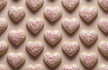 Obraz premium Heart shaped cookies with pink and white icing are arranged in delightful pattern, each topped with red sprinkles. sweet treats create charming and festive display