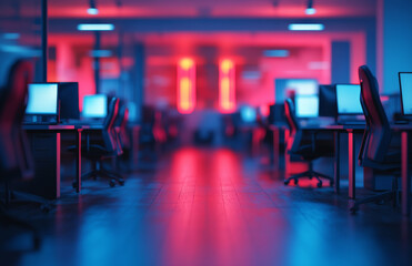 dimly lit office with rows of computer desks and glowing screens creates futuristic and focused atmosphere. red and blue lighting adds modern, tech inspired ambiance