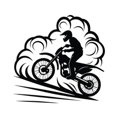 Fototapeta premium Black Silhouette of Motorcyclist Riding a Bike with Dust Clouds on White Background
