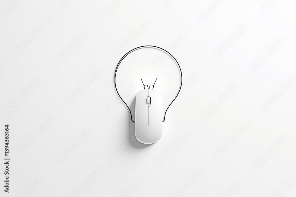 Poster Computer mouse forming a light bulb shape on a white background.
